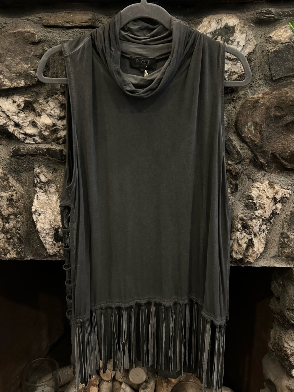 POL sz M Oversized black fringe sleeveless top BNWT